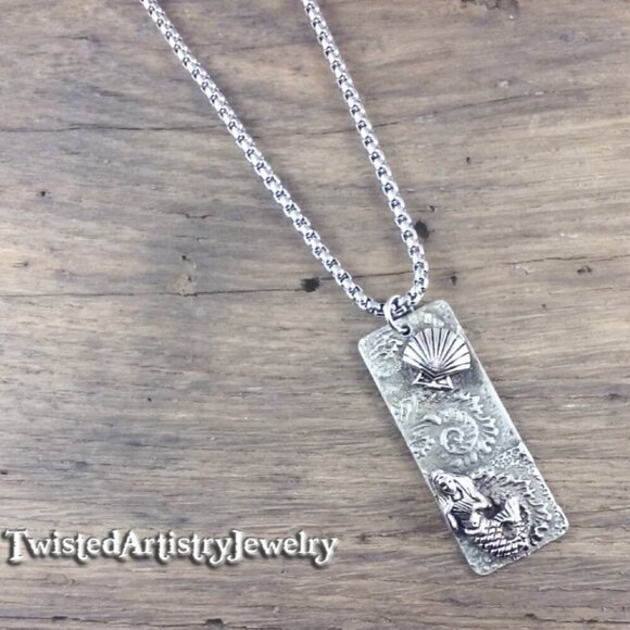 Mermaid, Sea Shell and Waves Seascape Rectangle Pendant Necklace - Picture 3 of 6